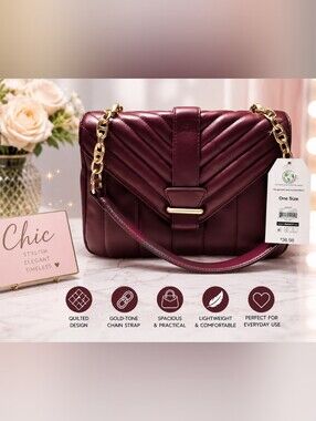 TIME AND TRUE QUILTED BURGUNDY Women’s SHOULDER BAG WITH GOLD-TONE CHAIN